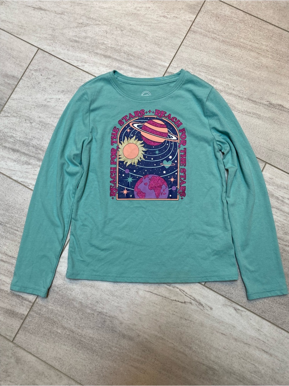 wonder nation Teal Long-Sleeve Space Graphic Tee Size Medium (7/8)